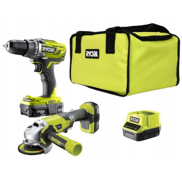 Ryobi R18DDAG-220 Kombi-Set Bohrschrauber, Winkelschleifer und Zubeh&ouml;r 18V ONE+