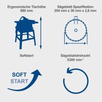 Scheppach HS254 Tischkreissäge 85mm Schnitthöhe 2200W mit Softstart